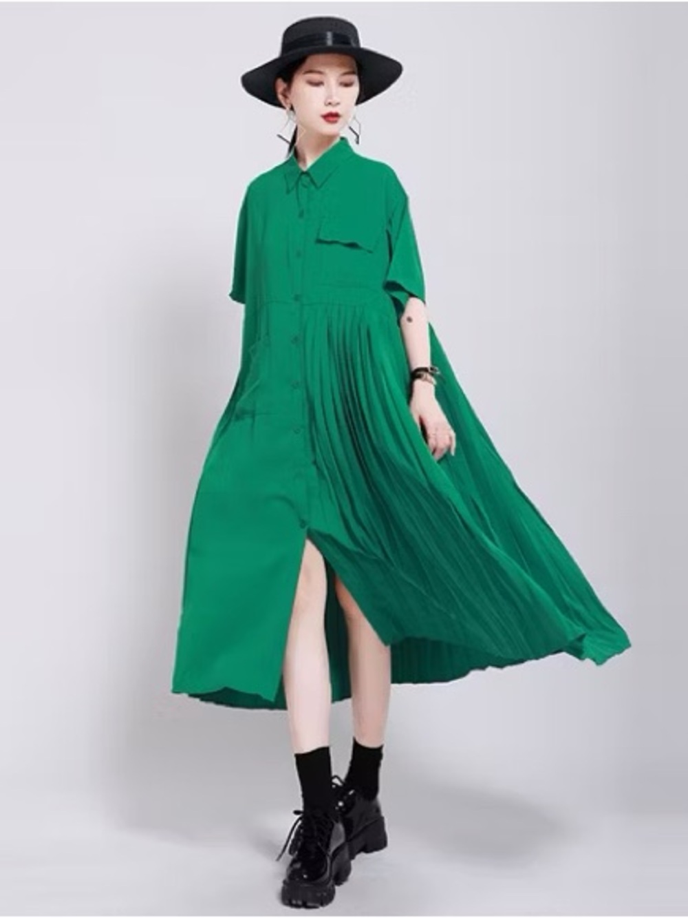 Loose Pleated Shirt Dress - OS